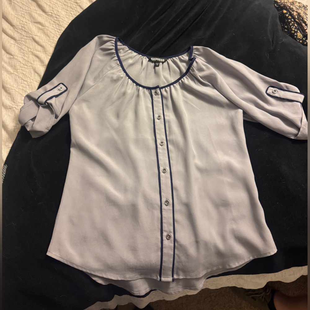 Express Light Gray Blouse with Navy Trim